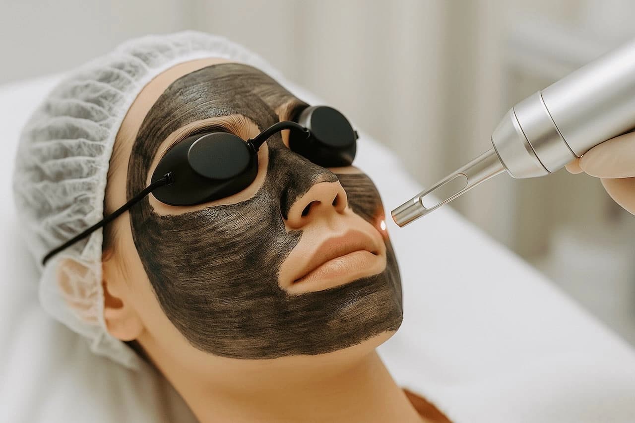 Patient receiving a transformative carbon peel facial